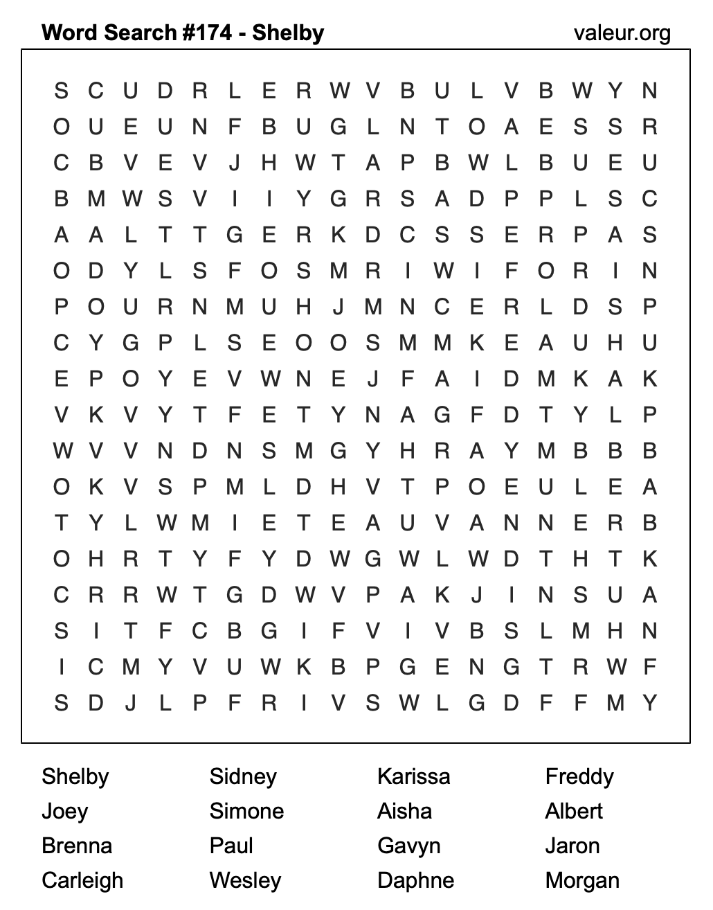 Word Search Puzzle with the name Shelby #174 Word Search Puzzle with the name Shelby #174