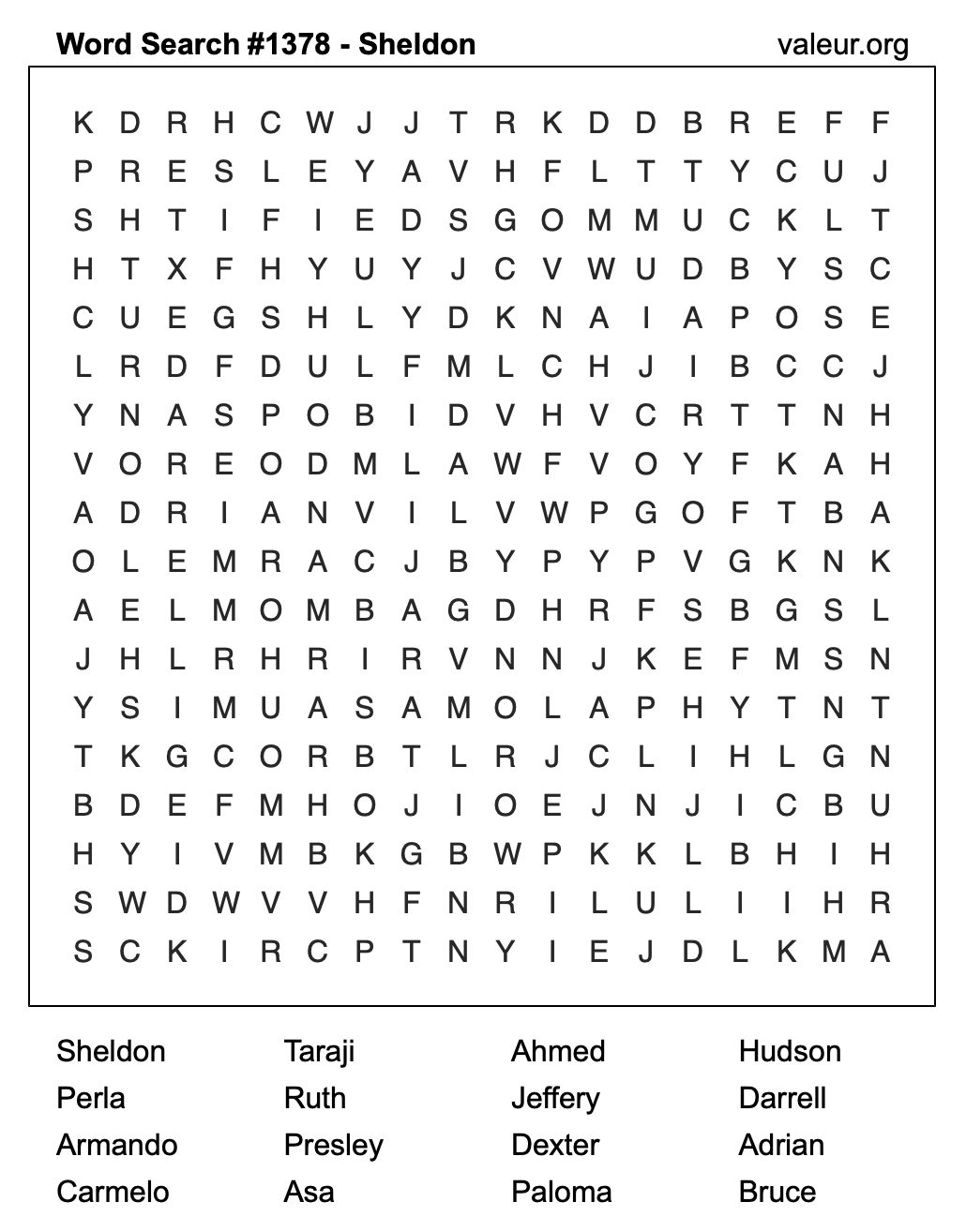 Word Search Puzzle with the name Sheldon #1378