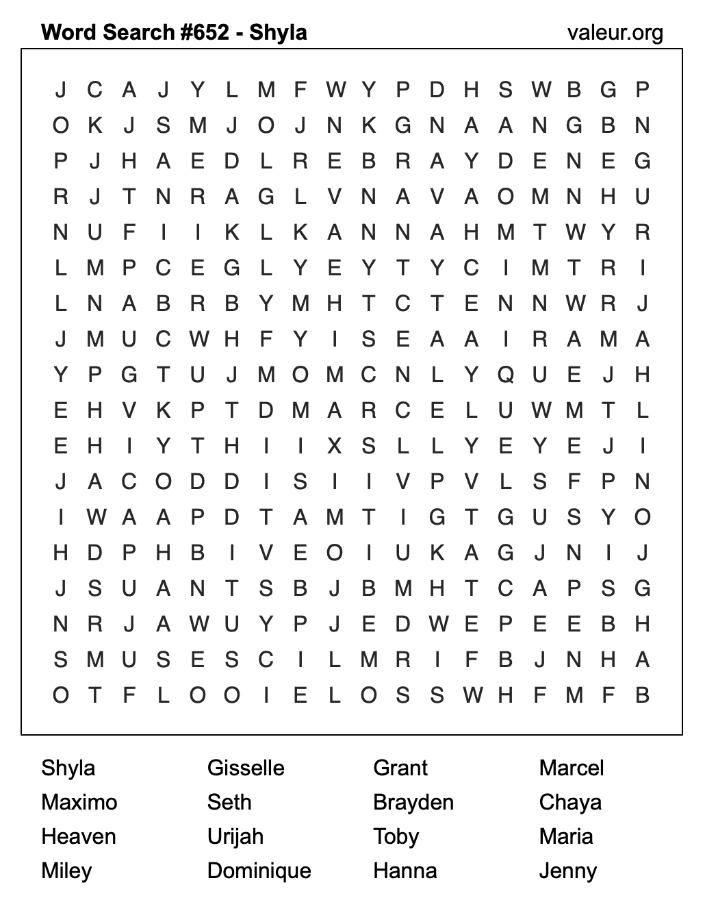 Word Search Puzzle with the name Shyla #652