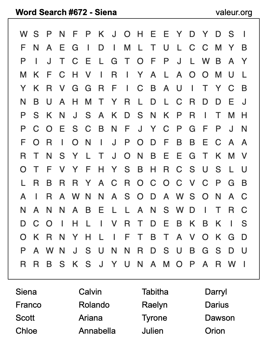 Word Search Puzzle with the name Siena #672