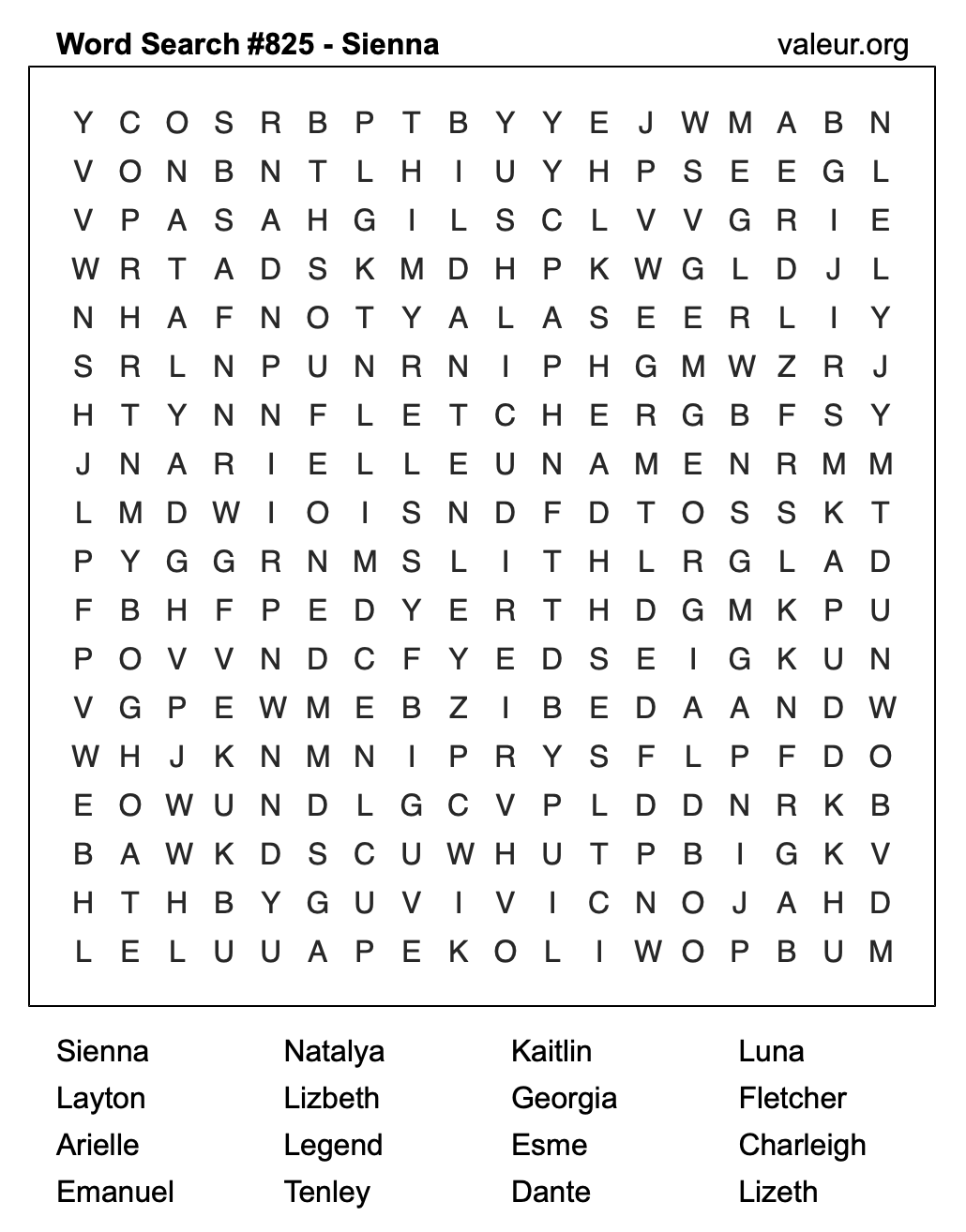 Word Search Puzzle with the name Sienna #825 Word Search Puzzle with the name Sienna #825