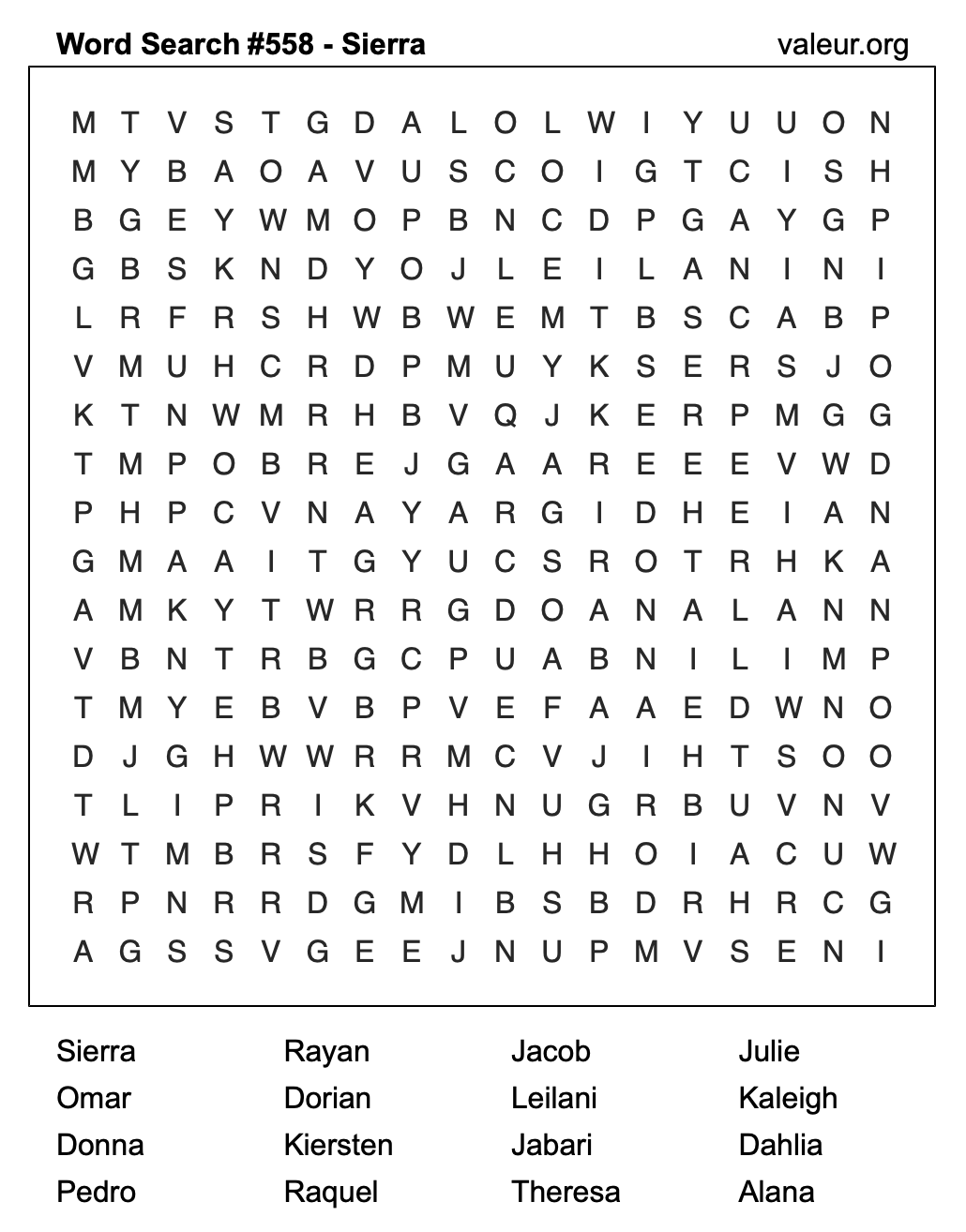 Word Search Puzzle with the name Sierra #558