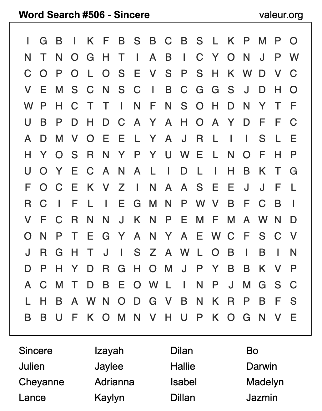 Word Search Puzzle with the name Sincere #506