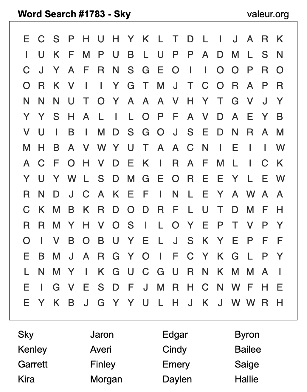 Word Search Puzzle with the name Sky #1783