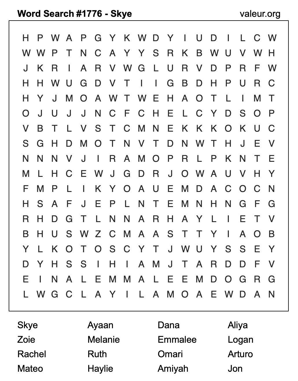 Word Search Puzzle with the name Skye #1776