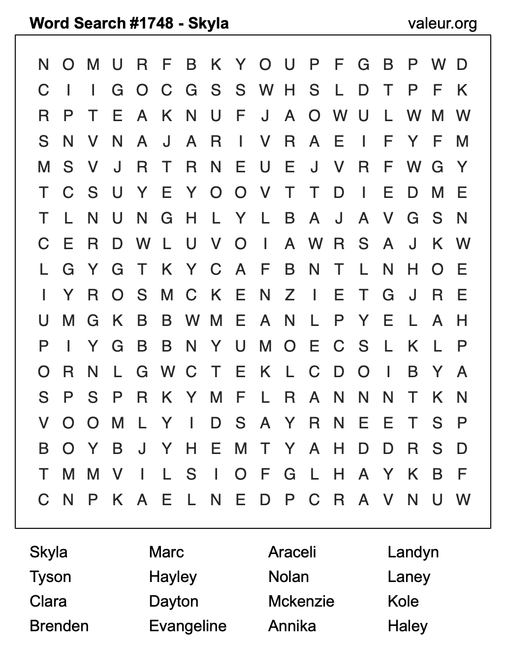Word Search Puzzle with the name Skyla #1748 Word Search Puzzle with the name Skyla #1748