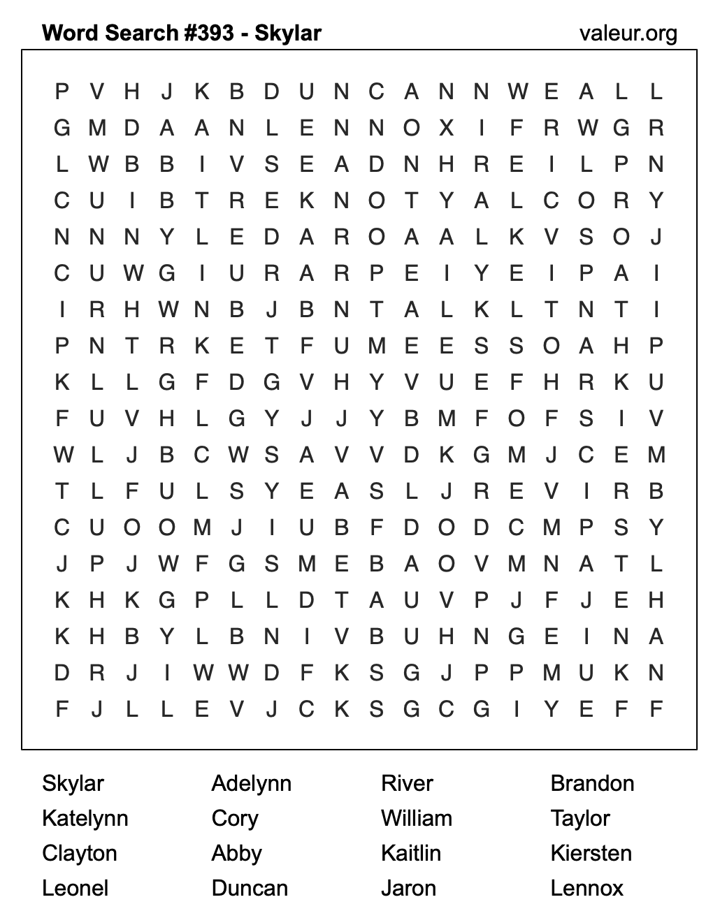 Word Search Puzzle with the name Skylar #393 Word Search Puzzle with the name Skylar #393