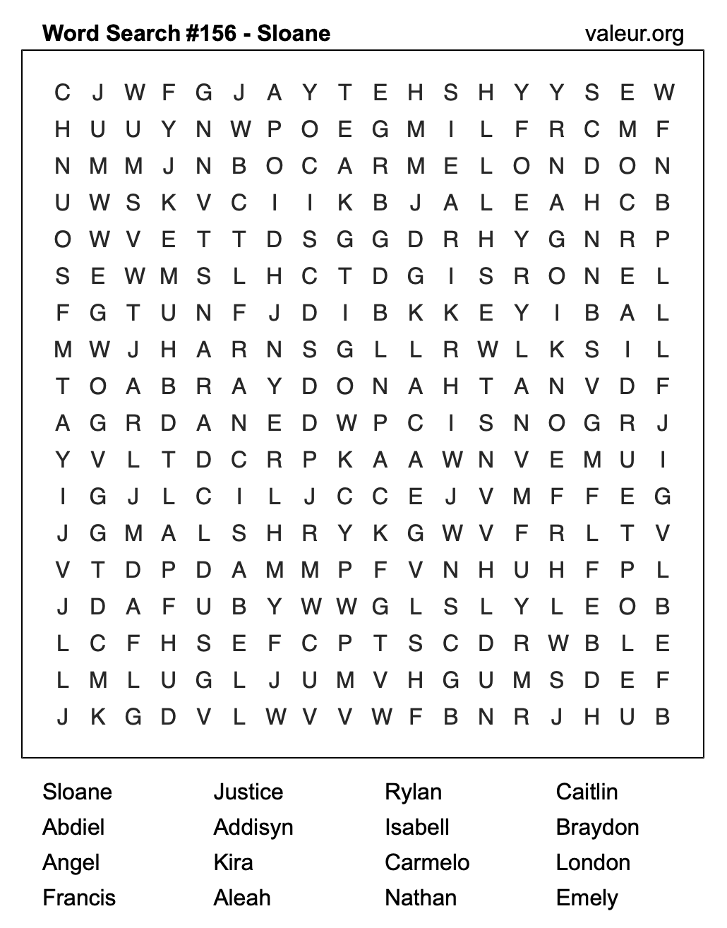Word Search Puzzle with the name Sloane #156