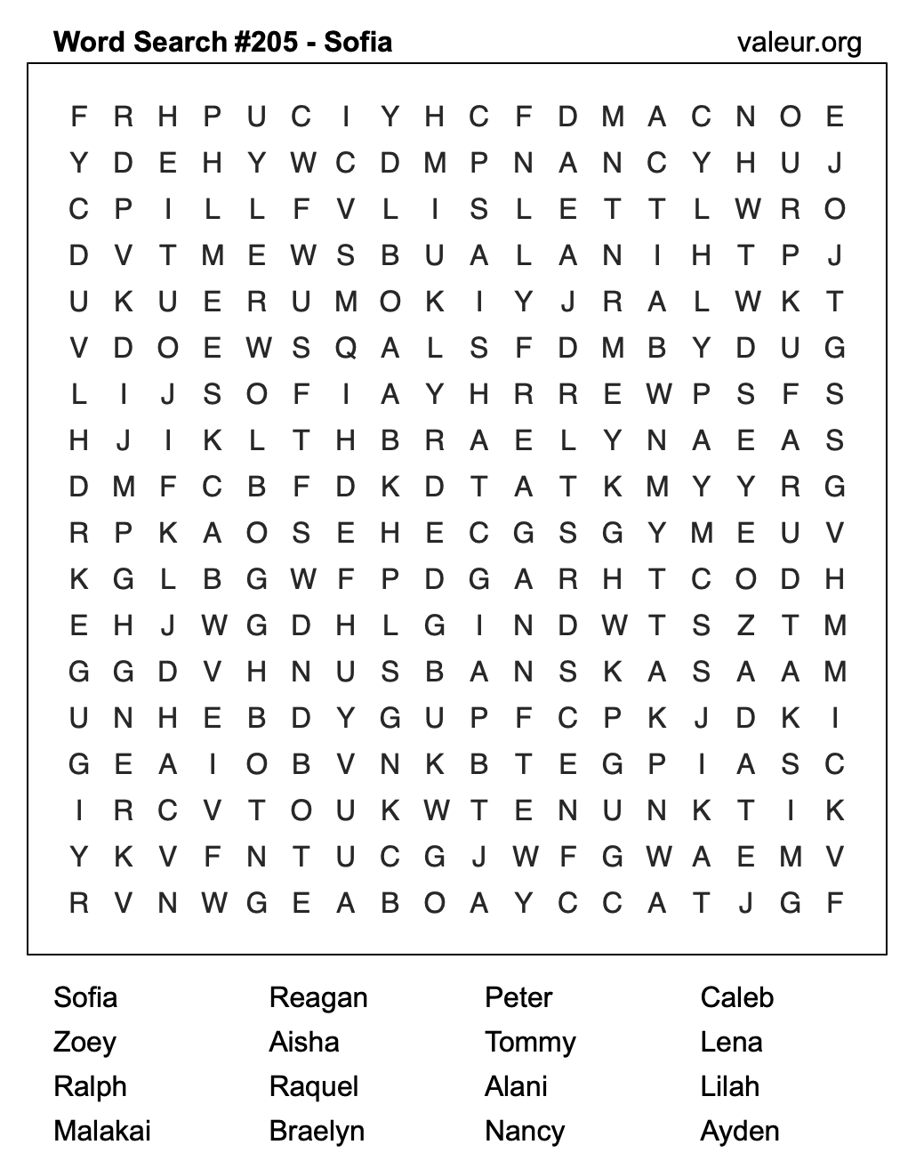 Word Search Puzzle with the name Sofia #205 Word Search Puzzle with the name Sofia #205