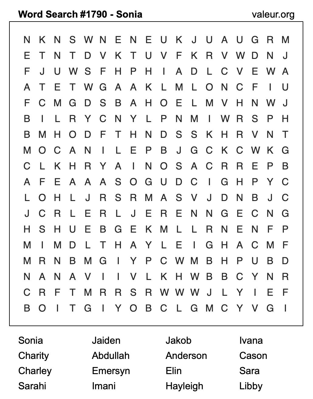 Word Search Puzzle with the name Sonia #1790