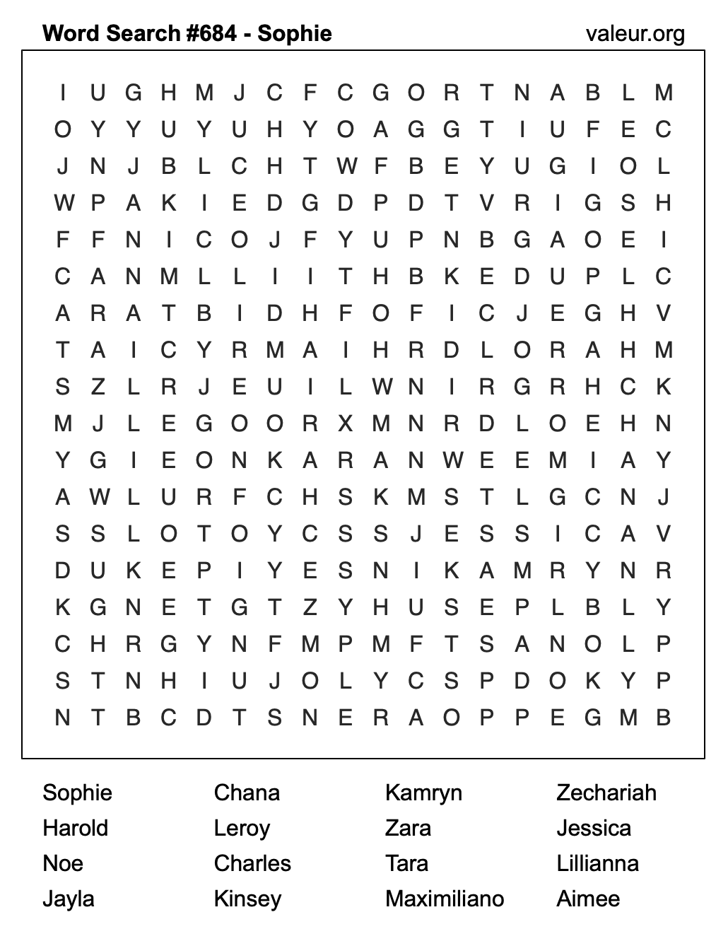 Word Search Puzzle with the name Sophie #684