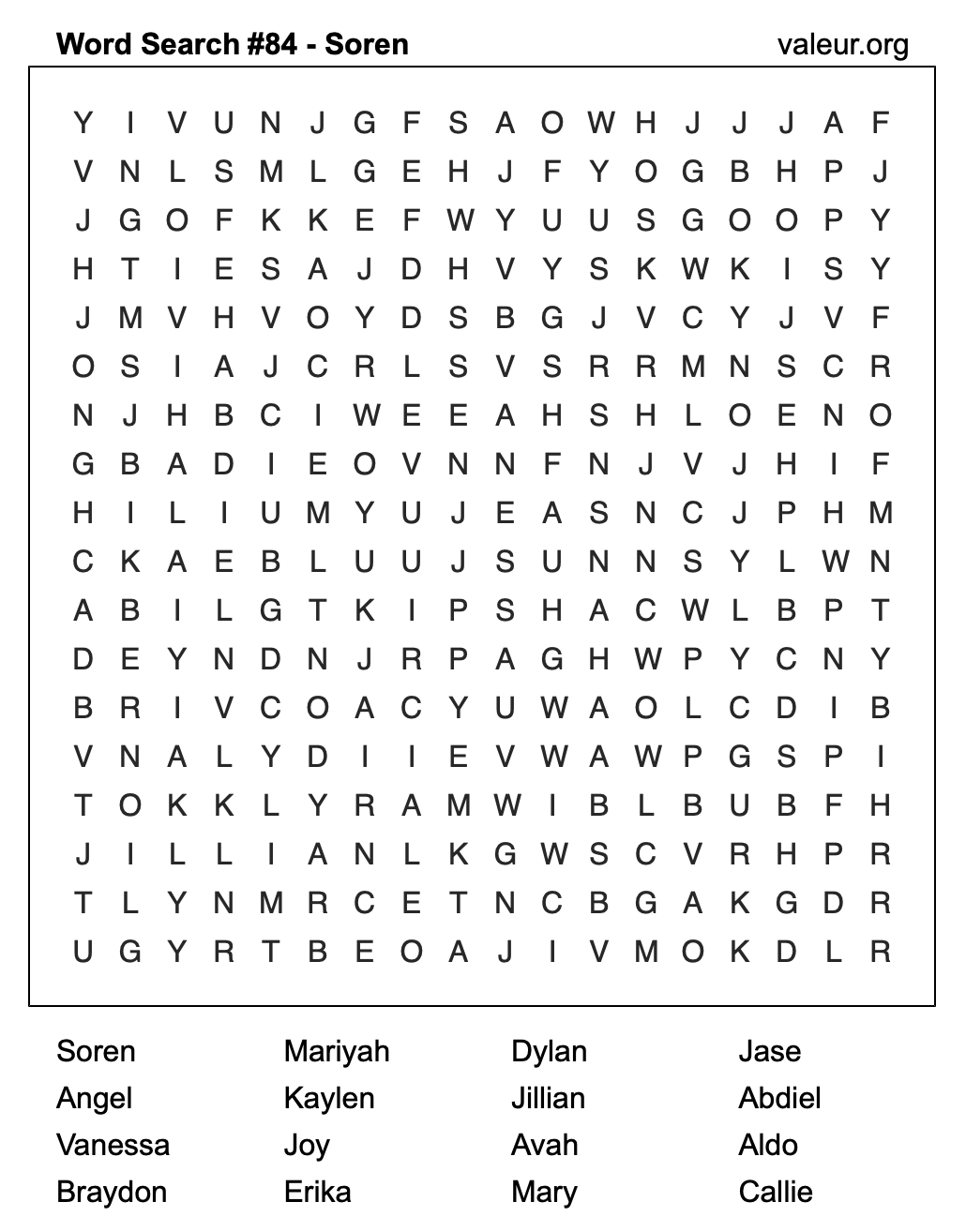 Word Search Puzzle with the name Soren #84 Word Search Puzzle with the name Soren #84