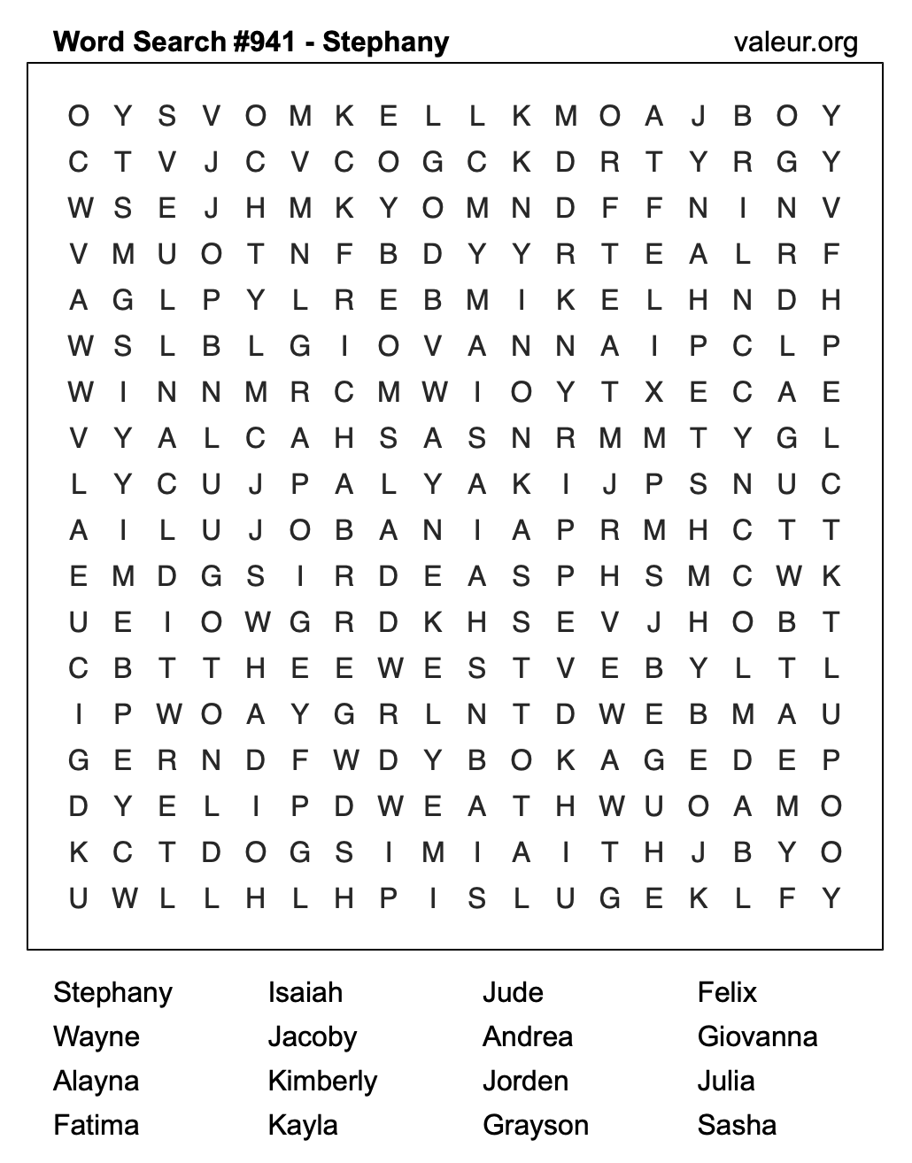 Word Search Puzzle with the name Stephany #941