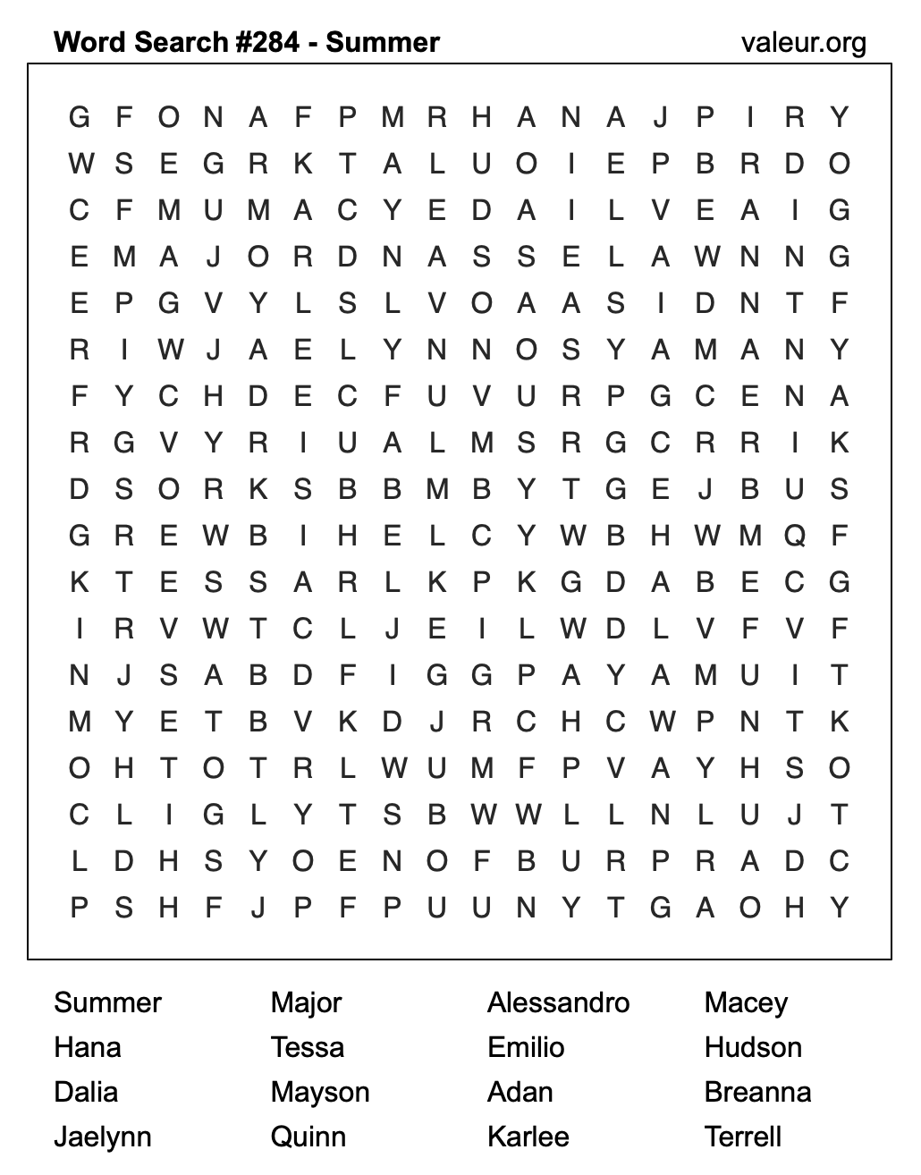 Word Search Puzzle with the name Summer #284 Word Search Puzzle with the name Summer #284