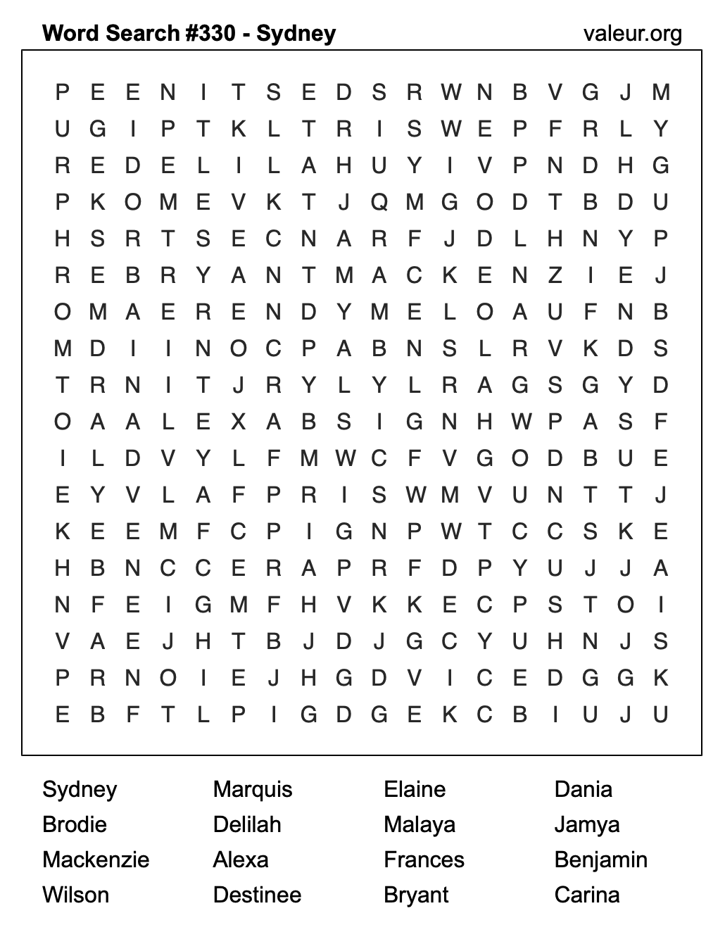 Word Search Puzzle with the name Sydney #330