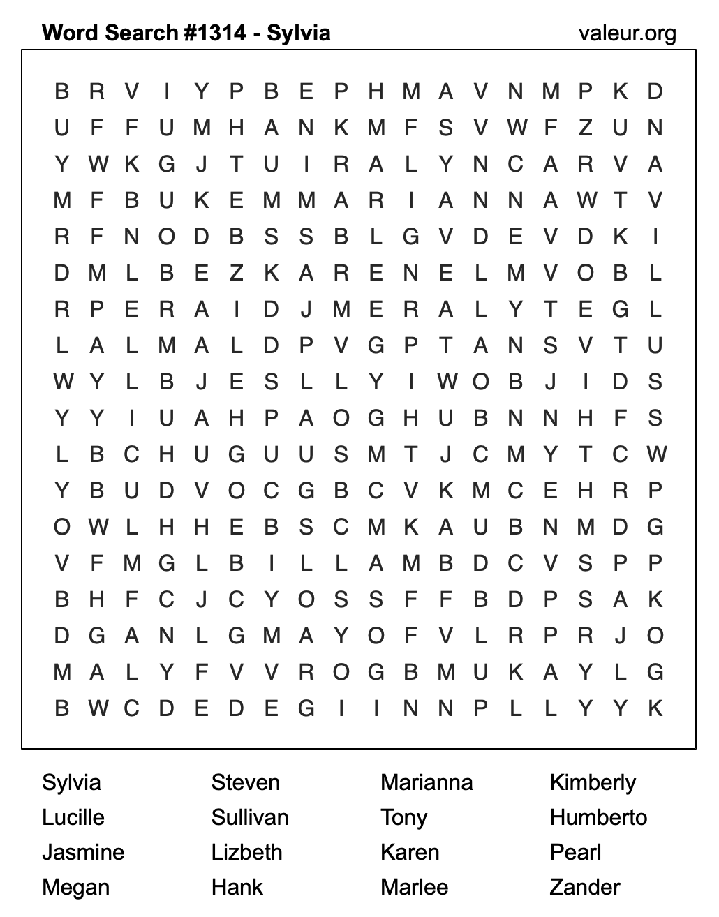 Word Search Puzzle with the name Sylvia #1314