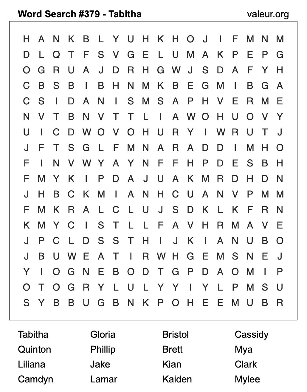 Word Search Puzzle with the name Tabitha #379