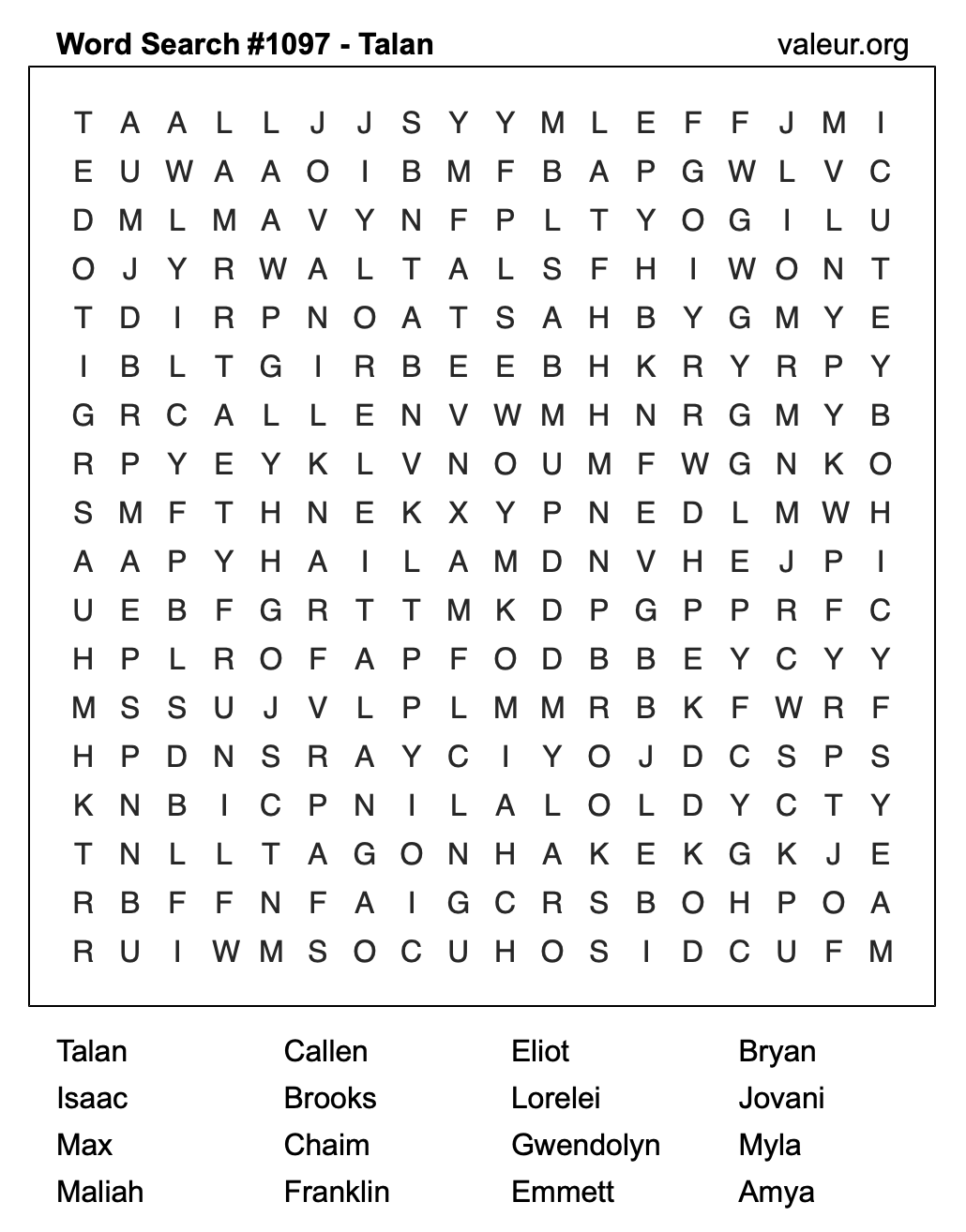 Word Search Puzzle with the name Talan #1097