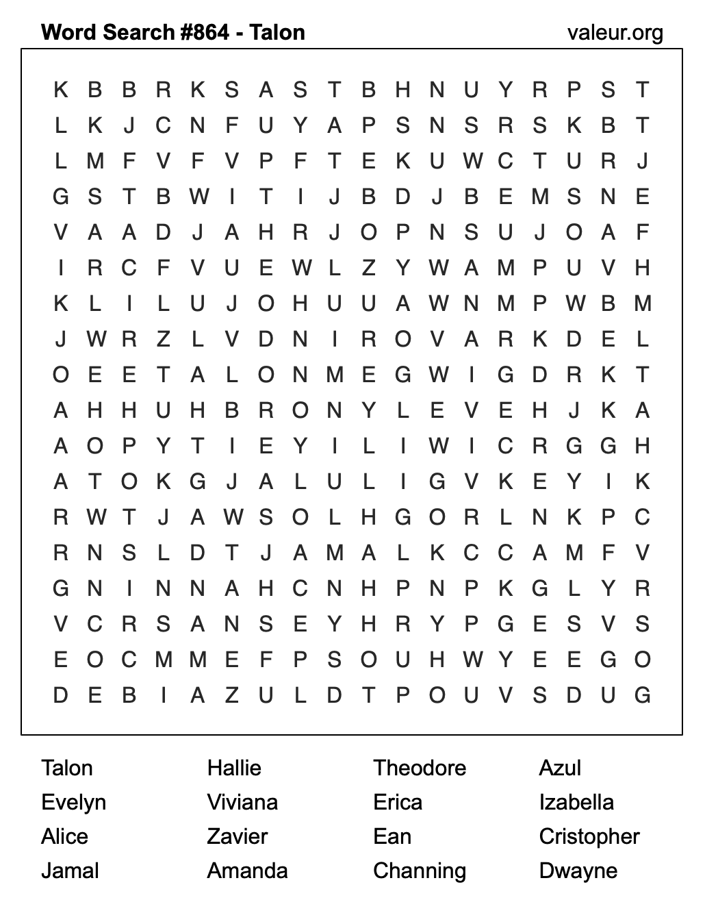 Word Search Puzzle with the name Talon #864 Word Search Puzzle with the name Talon #864