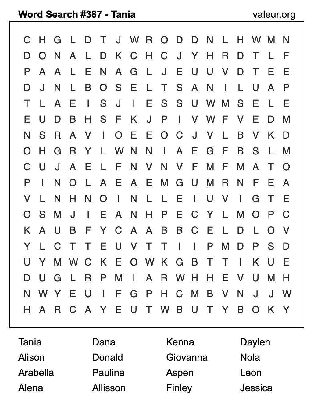 Word Search Puzzle with the name Tania #387 Word Search Puzzle with the name Tania #387
