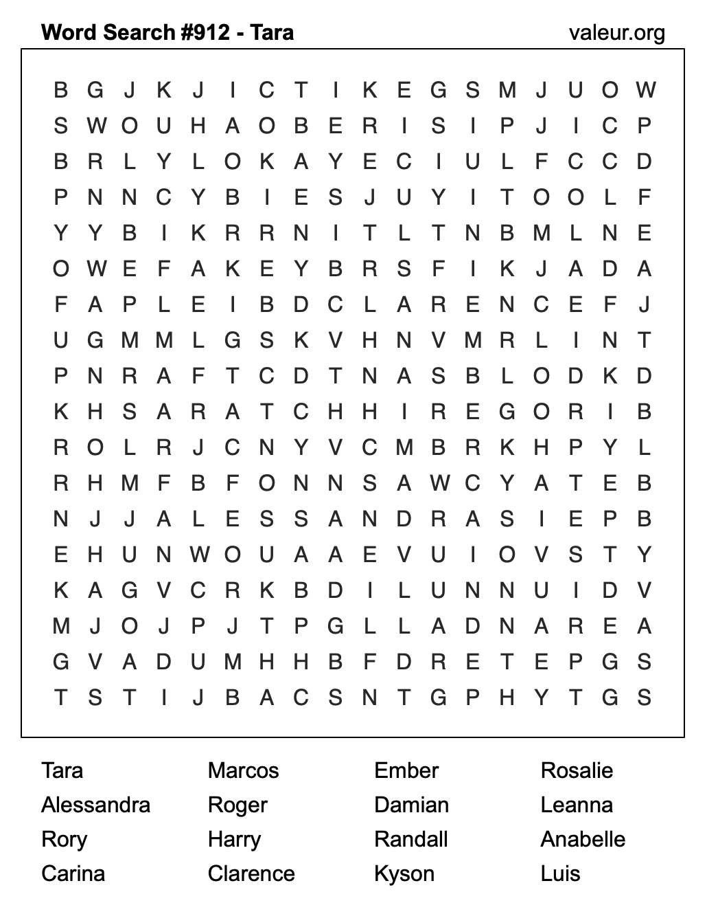 Word Search Puzzle with the name Tara #912 Word Search Puzzle with the name Tara #912