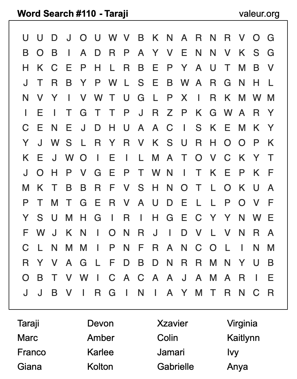 Word Search Puzzle with the name Taraji #110 Word Search Puzzle with the name Taraji #110