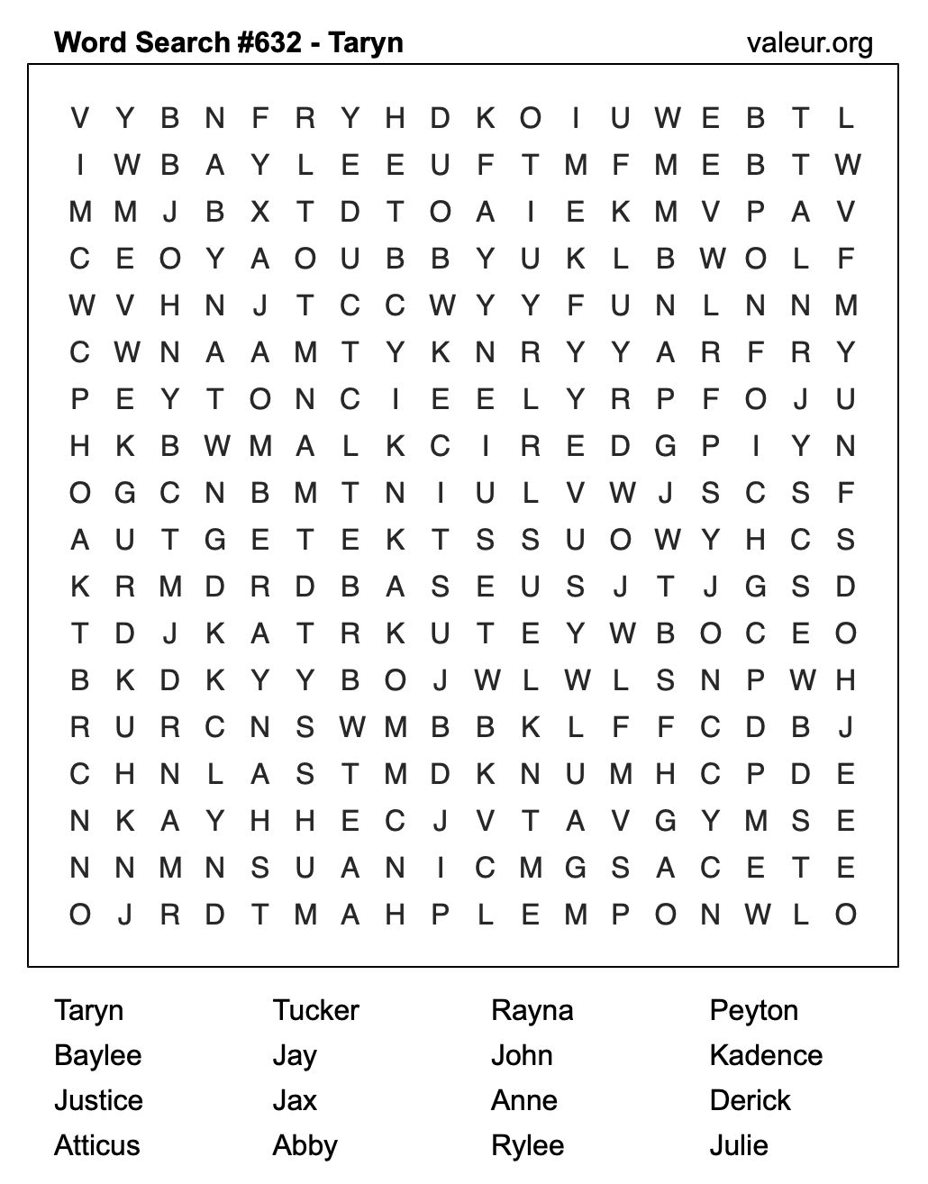Word Search Puzzle with the name Taryn #632