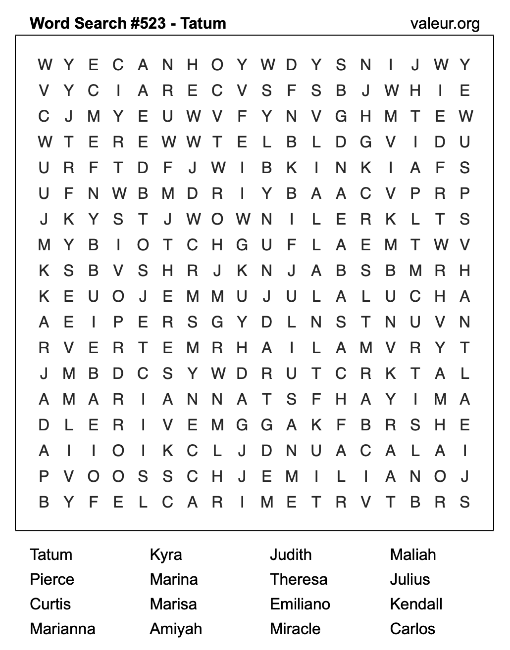 Word Search Puzzle with the name Tatum #523