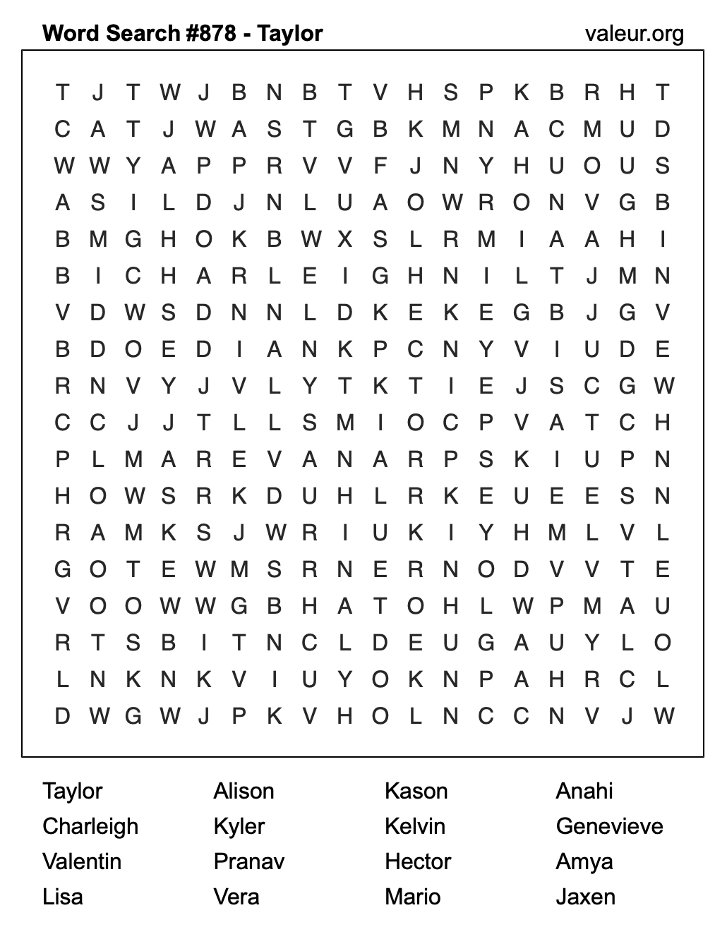 Word Search Puzzle with the name Taylor #878