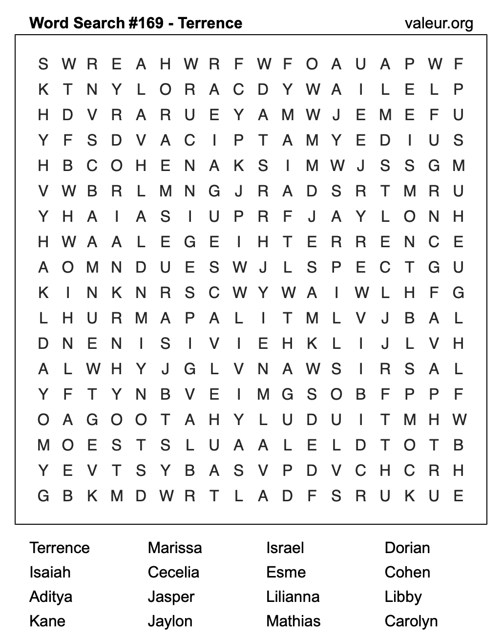 Word Search Puzzle with the name Terrence #169