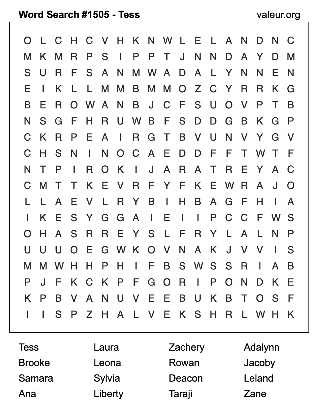 Word Search Puzzle with the name Tess #1505