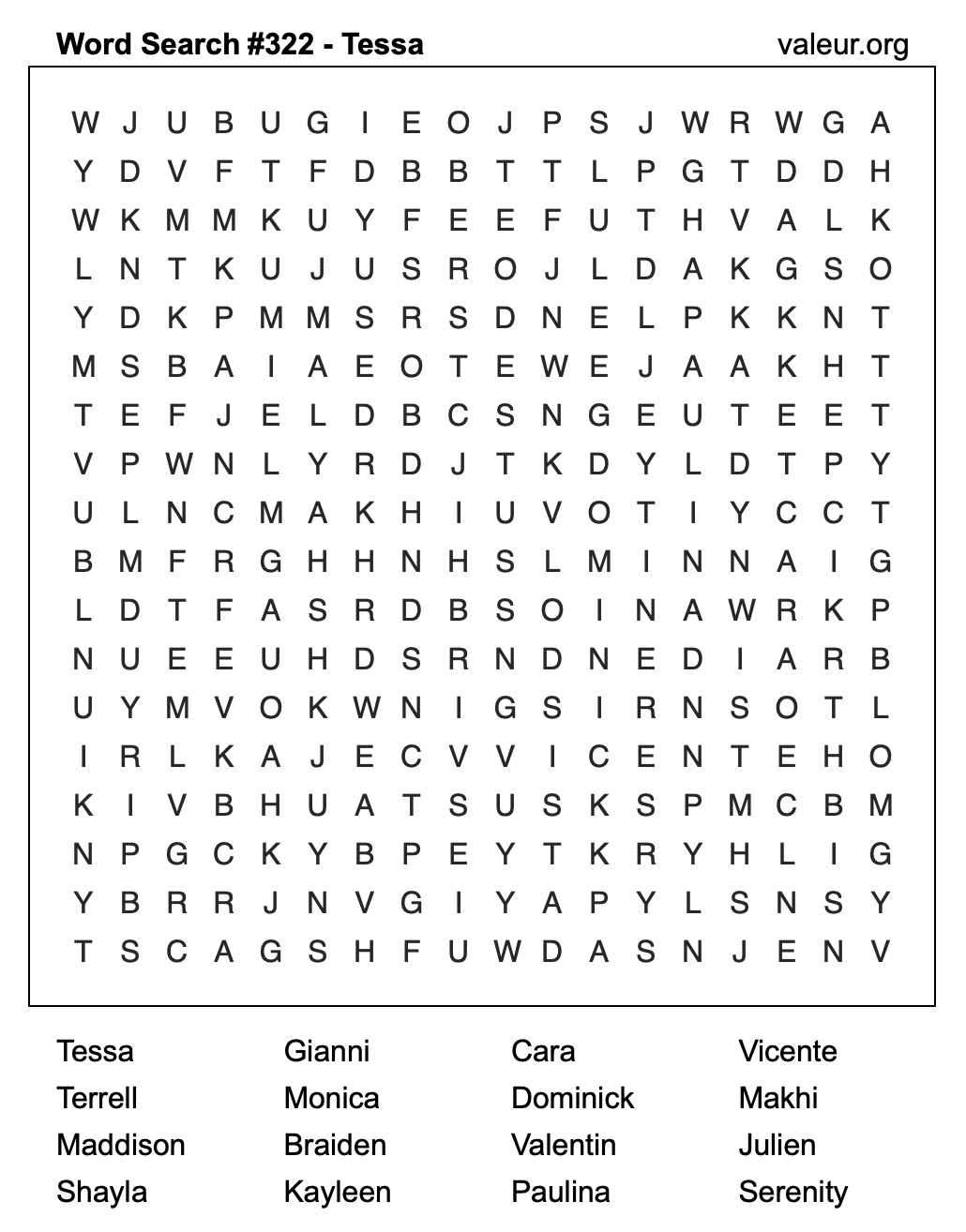 Word Search Puzzle with the name Tessa #322