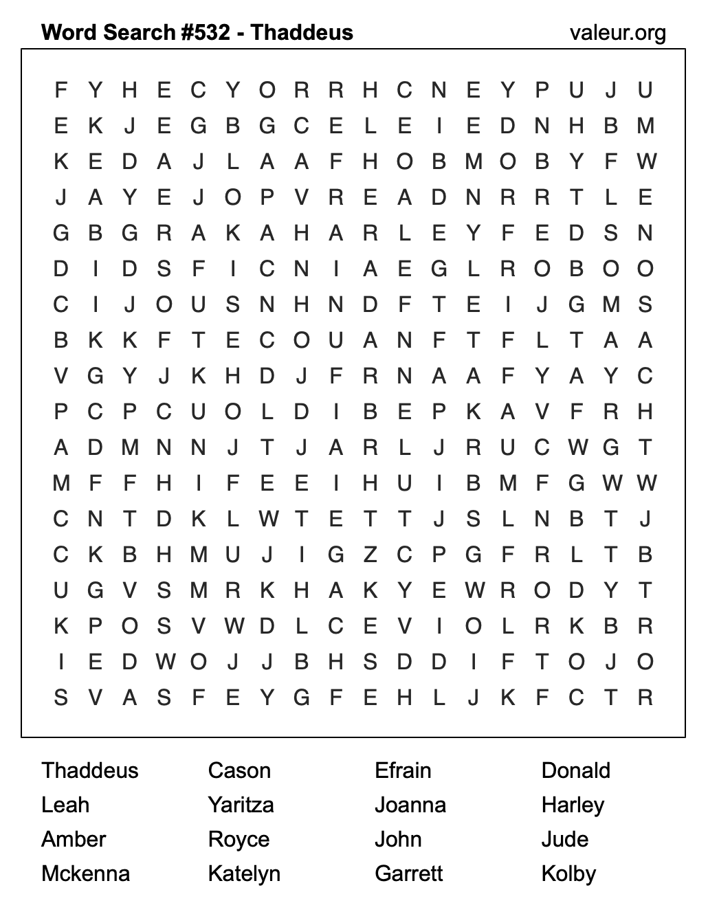 Word Search Puzzle with the name Thaddeus #532