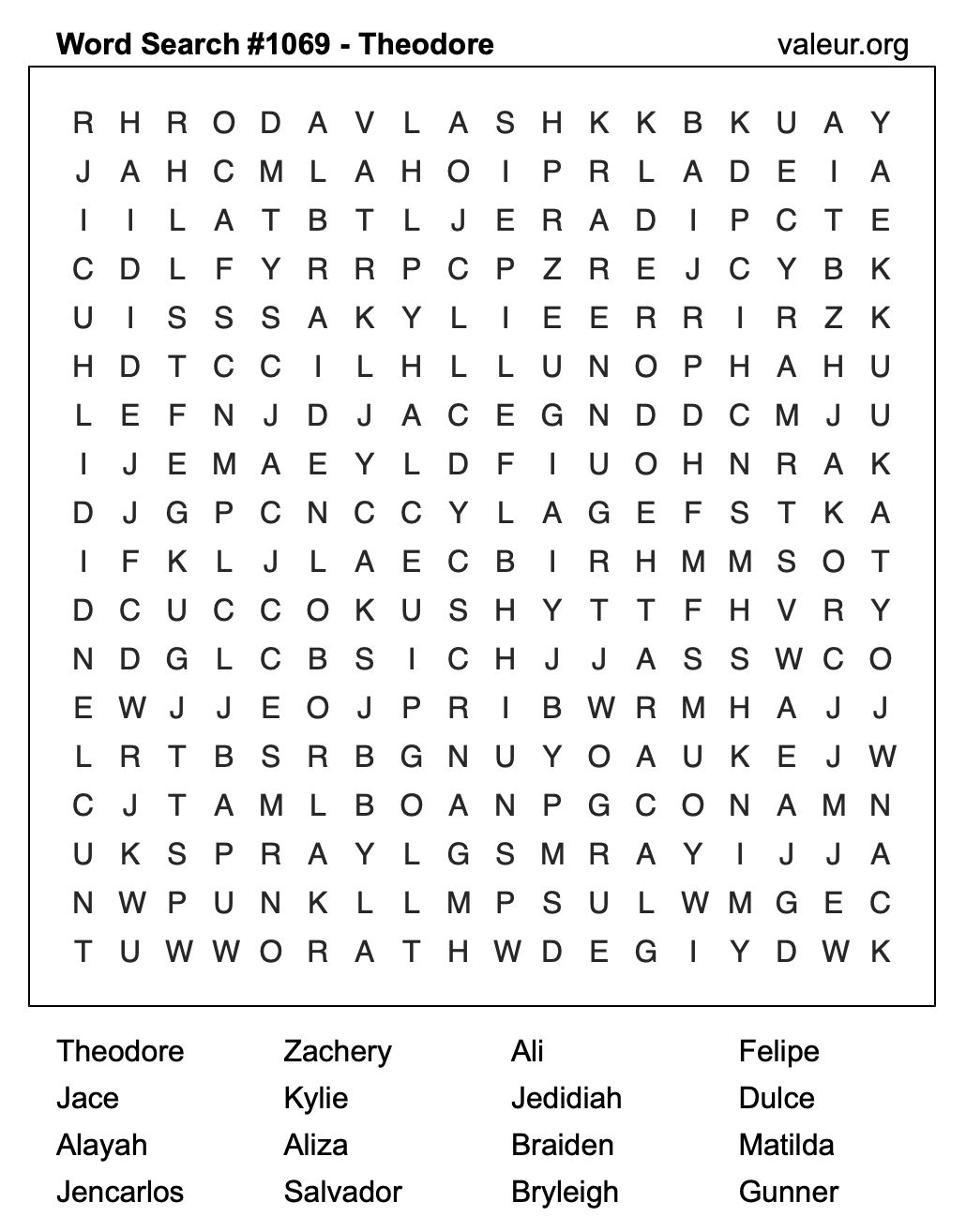 Word Search Puzzle with the name Theodore #1069
