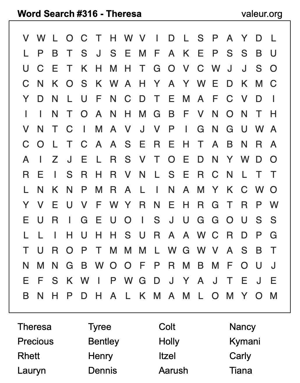 Word Search Puzzle with the name Theresa #316