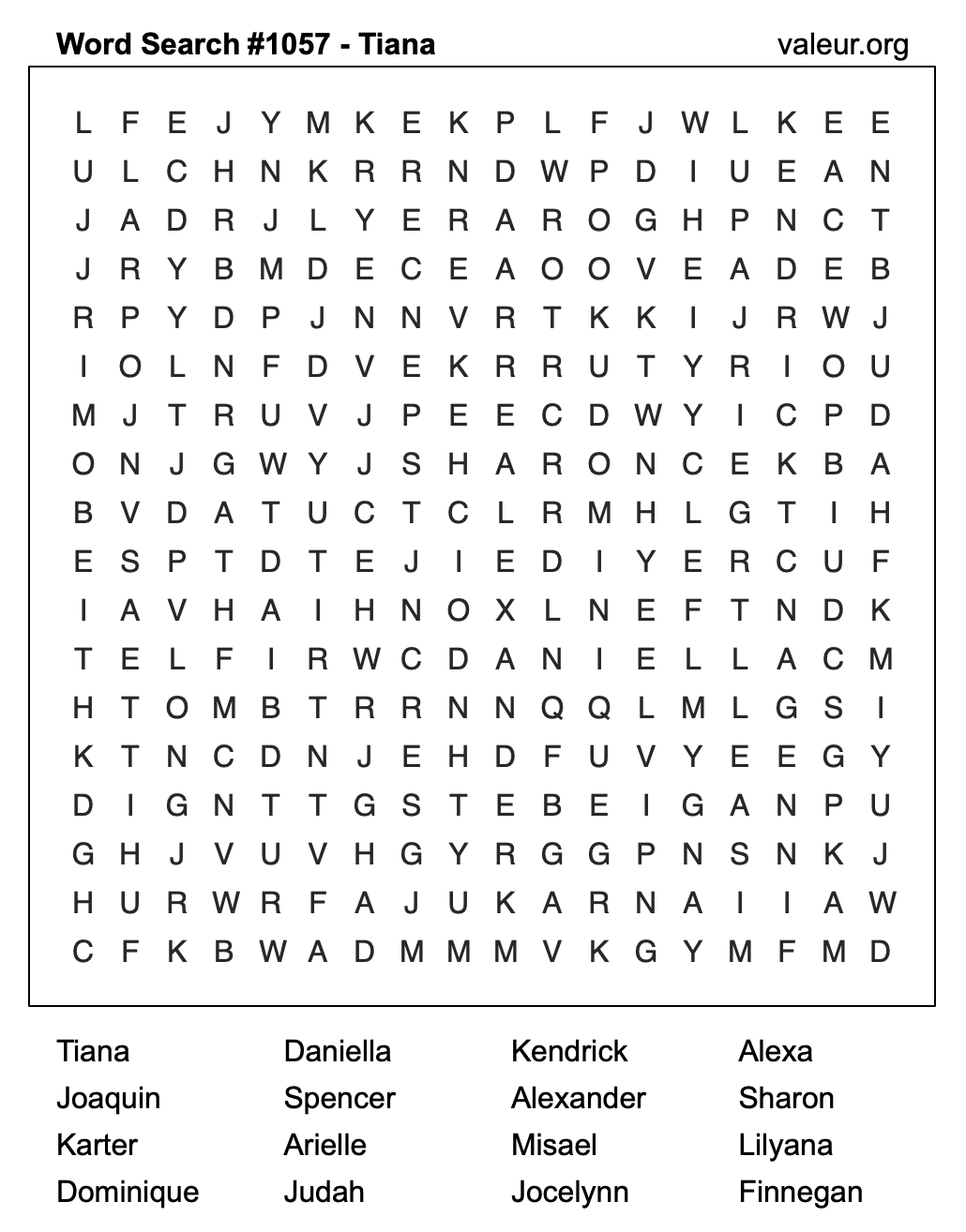 Word Search Puzzle with the name Tiana #1057 Word Search Puzzle with the name Tiana #1057