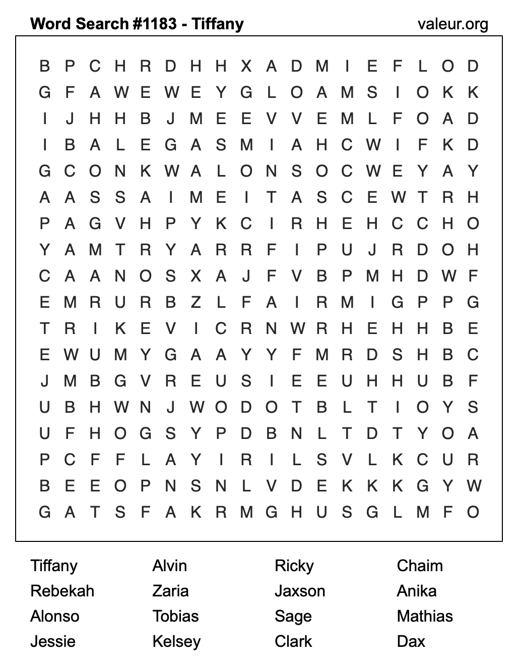 Word Search Puzzle with the name Tiffany #1183