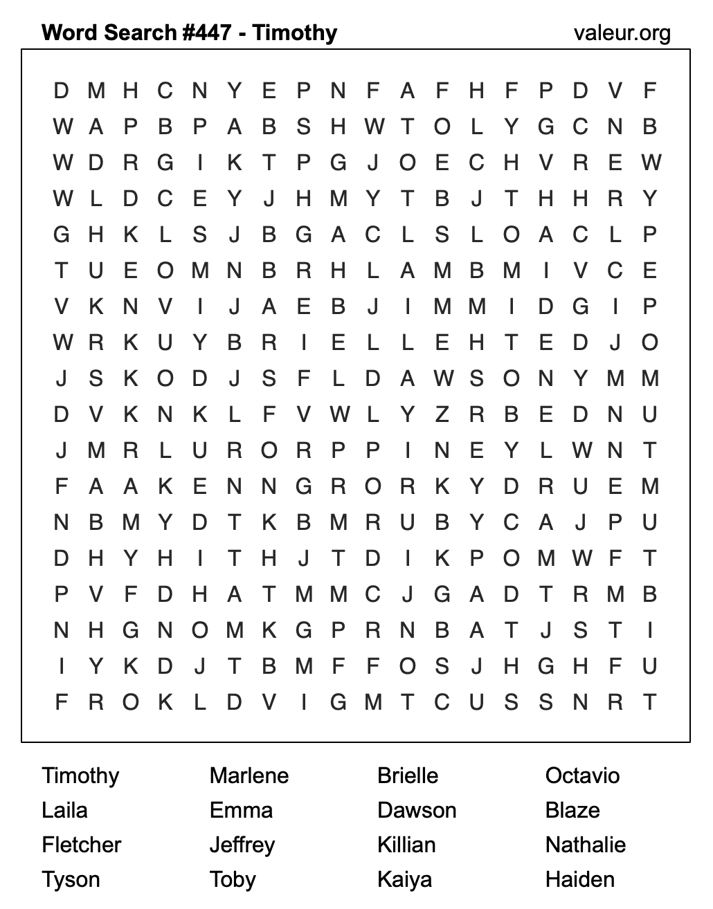 Word Search Puzzle with the name Timothy #447