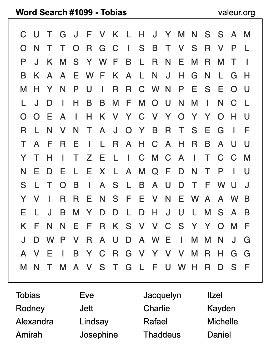 Word Search Puzzle with the name Tobias #1099