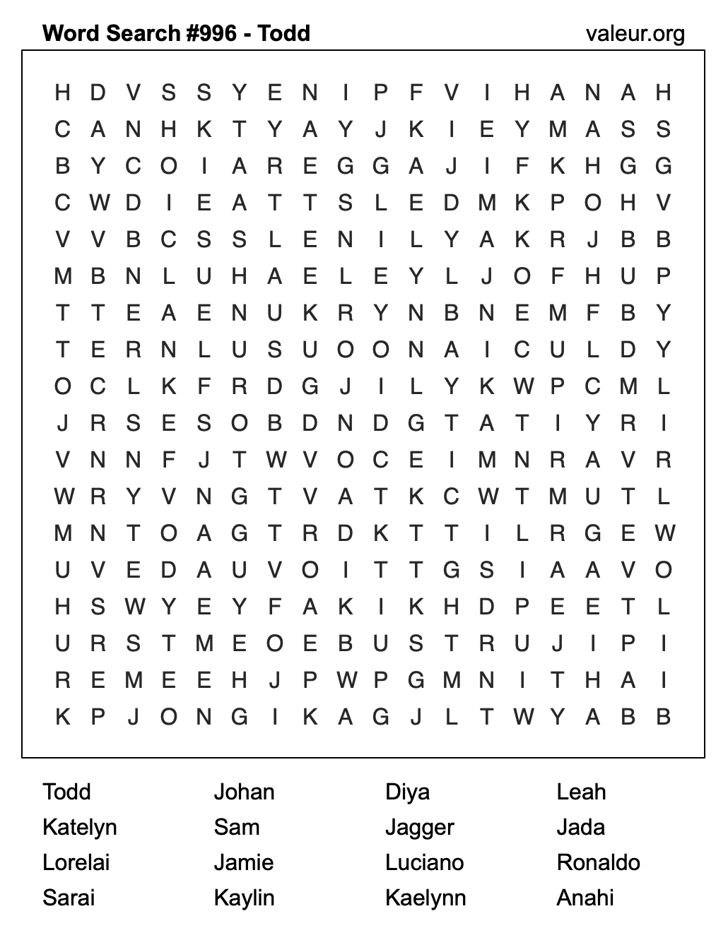 Word Search Puzzle with the name Todd #996