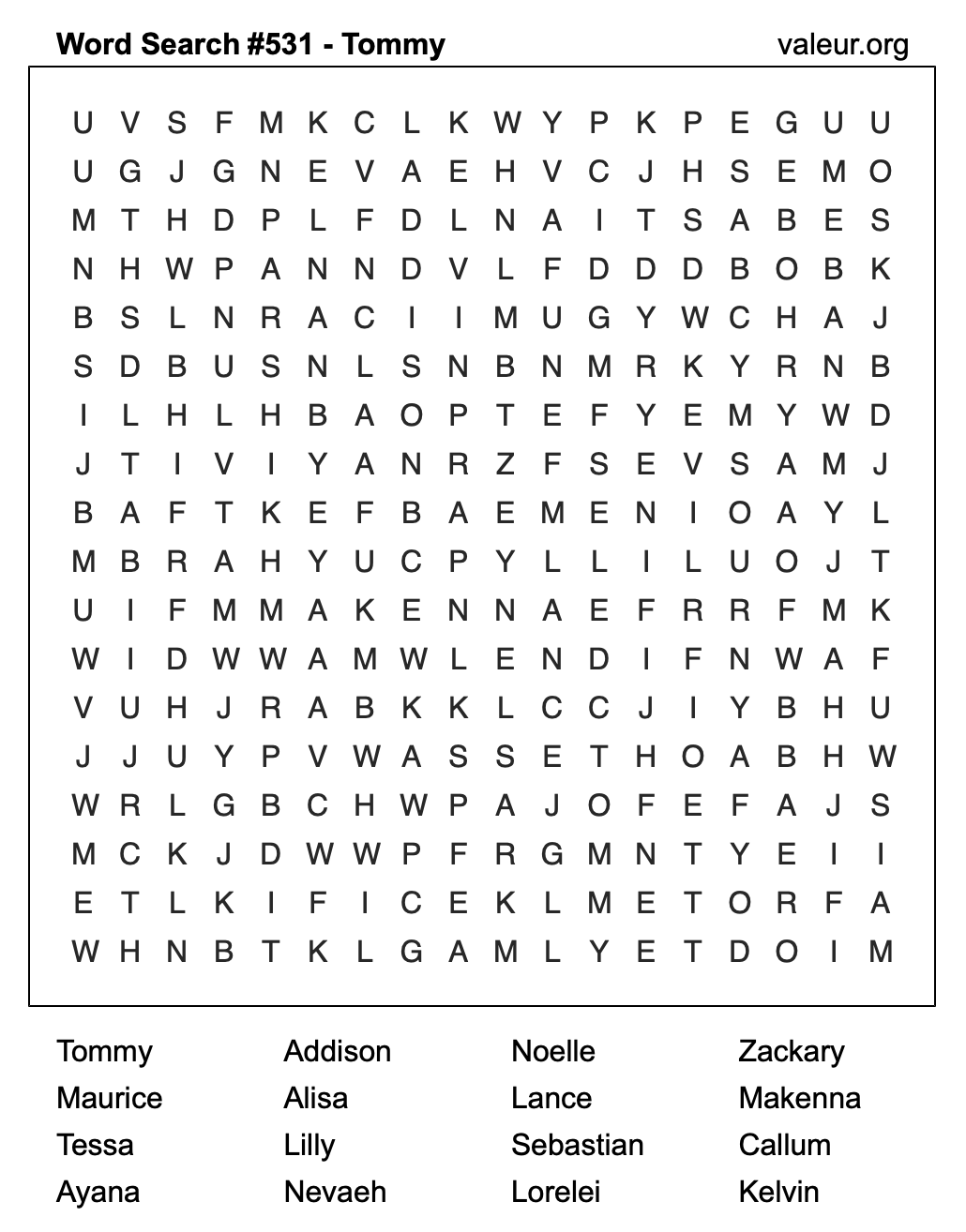 Word Search Puzzle with the name Tommy #531