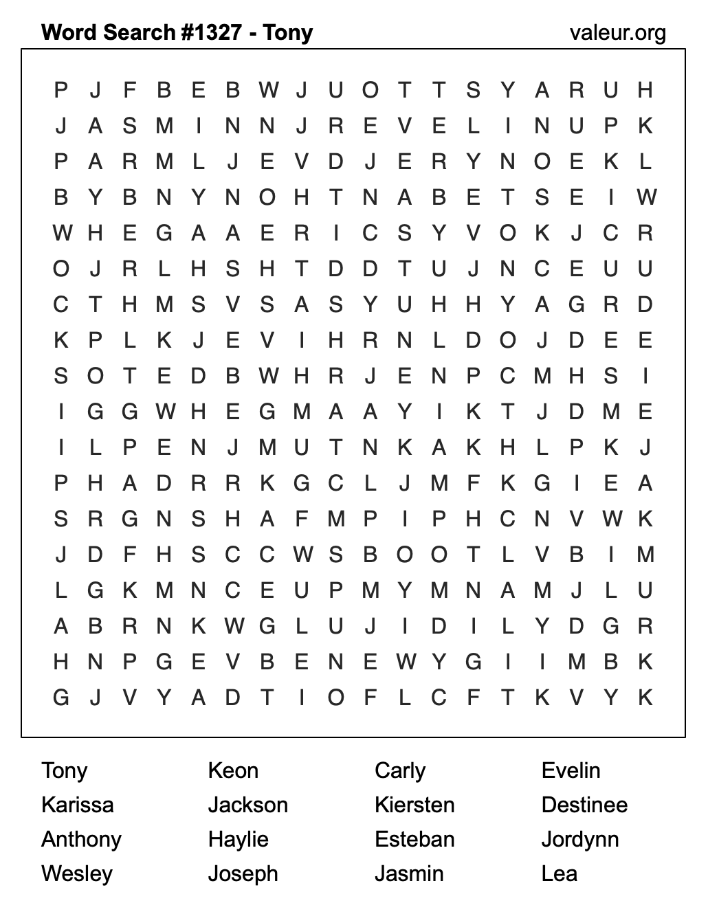 Word Search Puzzle with the name Tony #1327