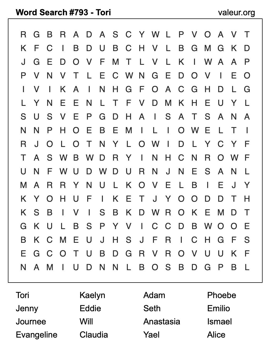 Word Search Puzzle with the name Tori #793 Word Search Puzzle with the name Tori #793