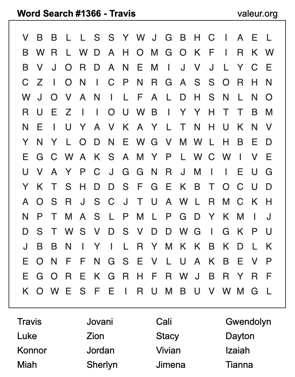 Word Search Puzzle with the name Travis #1366