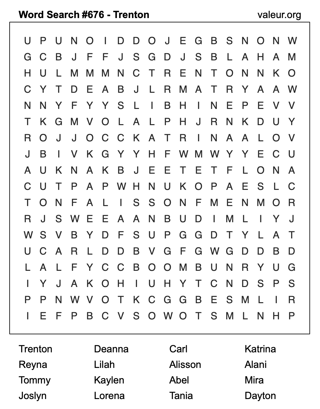 Word Search Puzzle with the name Trenton #676 Word Search Puzzle with the name Trenton #676