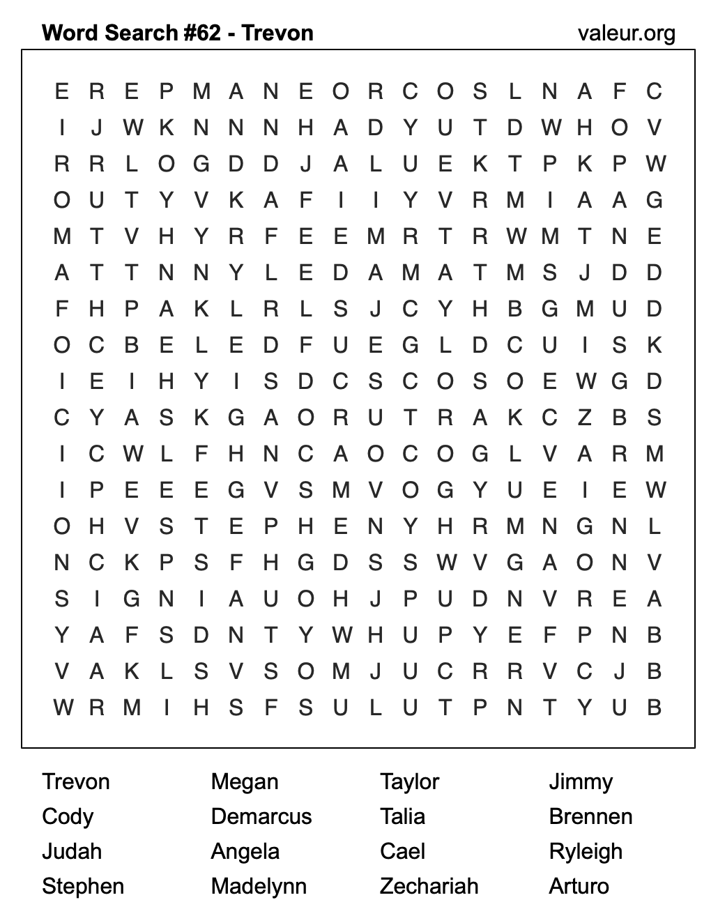 Word Search Puzzle with the name Trevon #62 Word Search Puzzle with the name Trevon #62