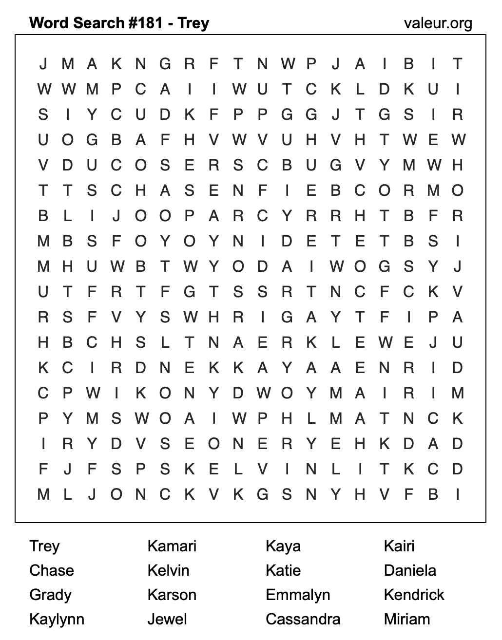 Word Search Puzzle with the name Trey #181
