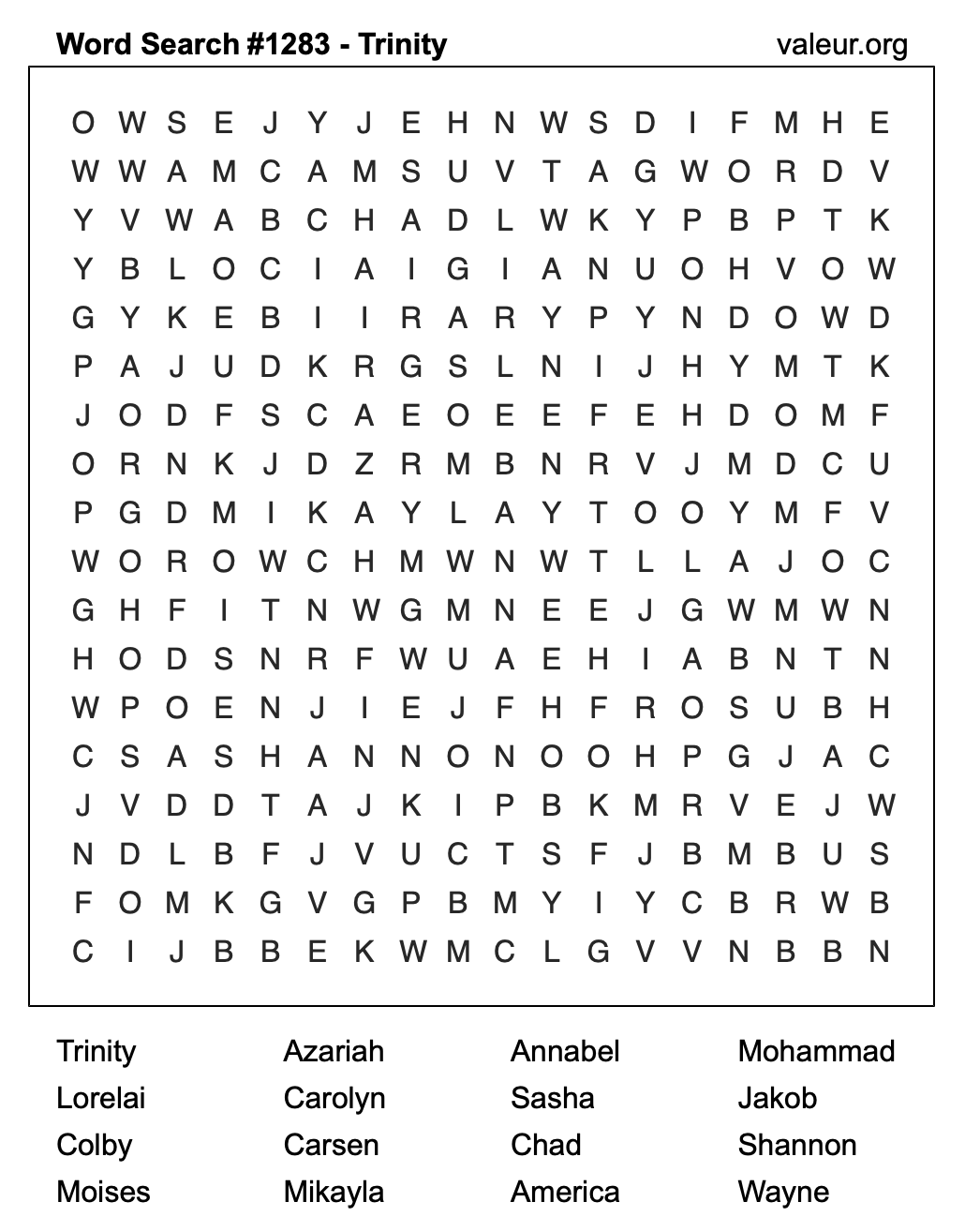 Word Search Puzzle with the name Trinity #1283 Word Search Puzzle with the name Trinity #1283