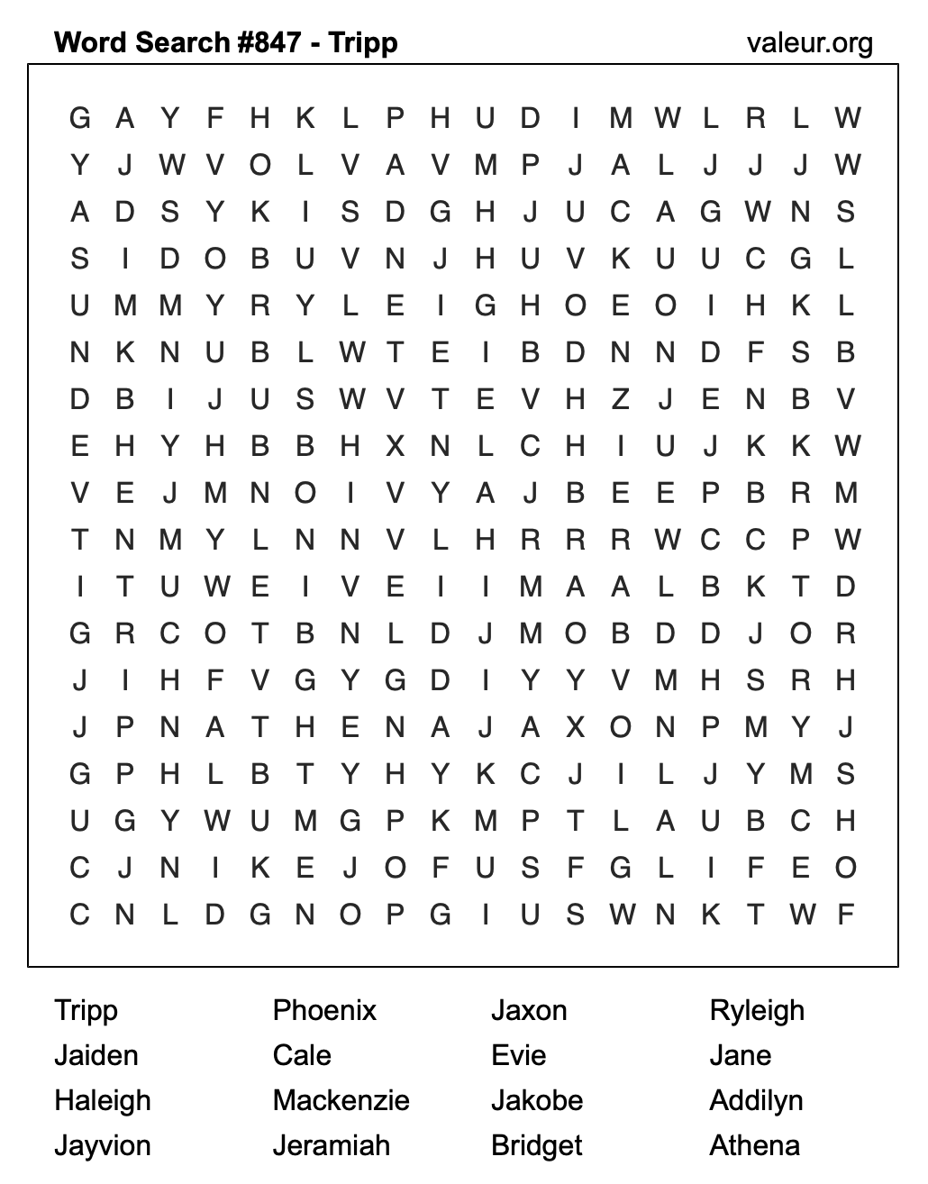 Word Search Puzzle with the name Tripp #847