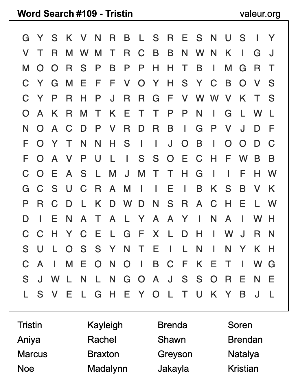 Word Search Puzzle with the name Tristin #109